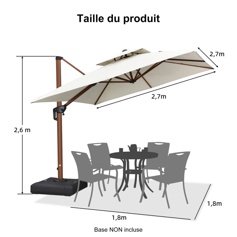 PURPLE LEAF Parasol Déporté Inclinable Grain de Bois en Aluminium Parasol De Jardin Extérieur Toit à Double Rotatif 360°