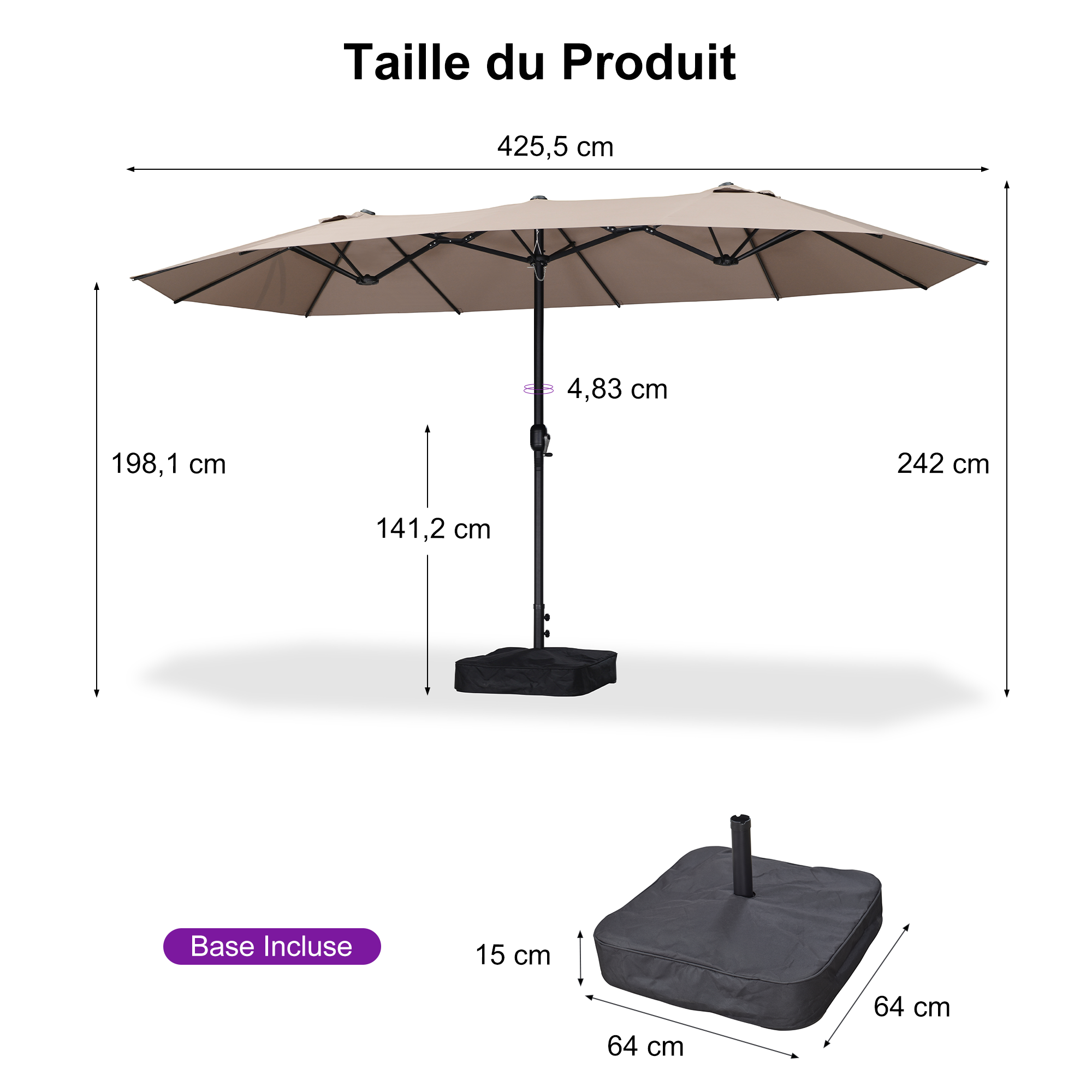 PURPLE LEAF Parasol de Jardin Extérieur, Grand Parasol Double avec Base, pour Terrasse, Jardin, Balcon et Piscine