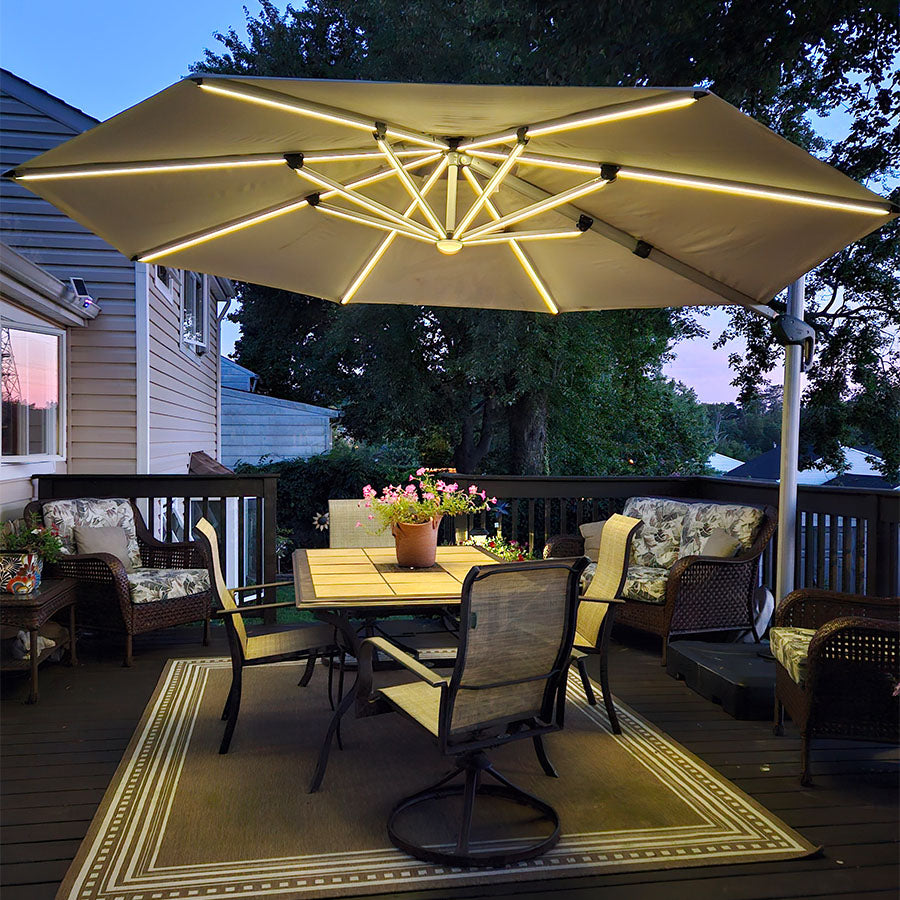 PURPLE LEAF Parasol De Jardin Extérieur Rond avec LED, Parasol Déporté avec Manivelle, Parasol Excentré Inclinable