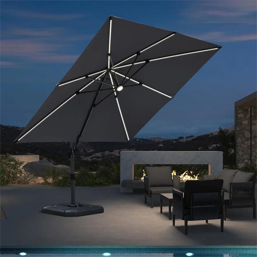 PURPLE LEAF Parasol Déporté avec LED Solaire 3 x 3 m Carré Inclinable avec socle