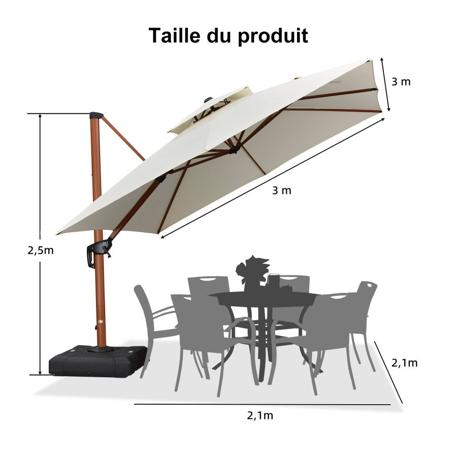 PURPLE LEAF Parasol Déporté Carré Grain de Bois en Aluminium avec socle