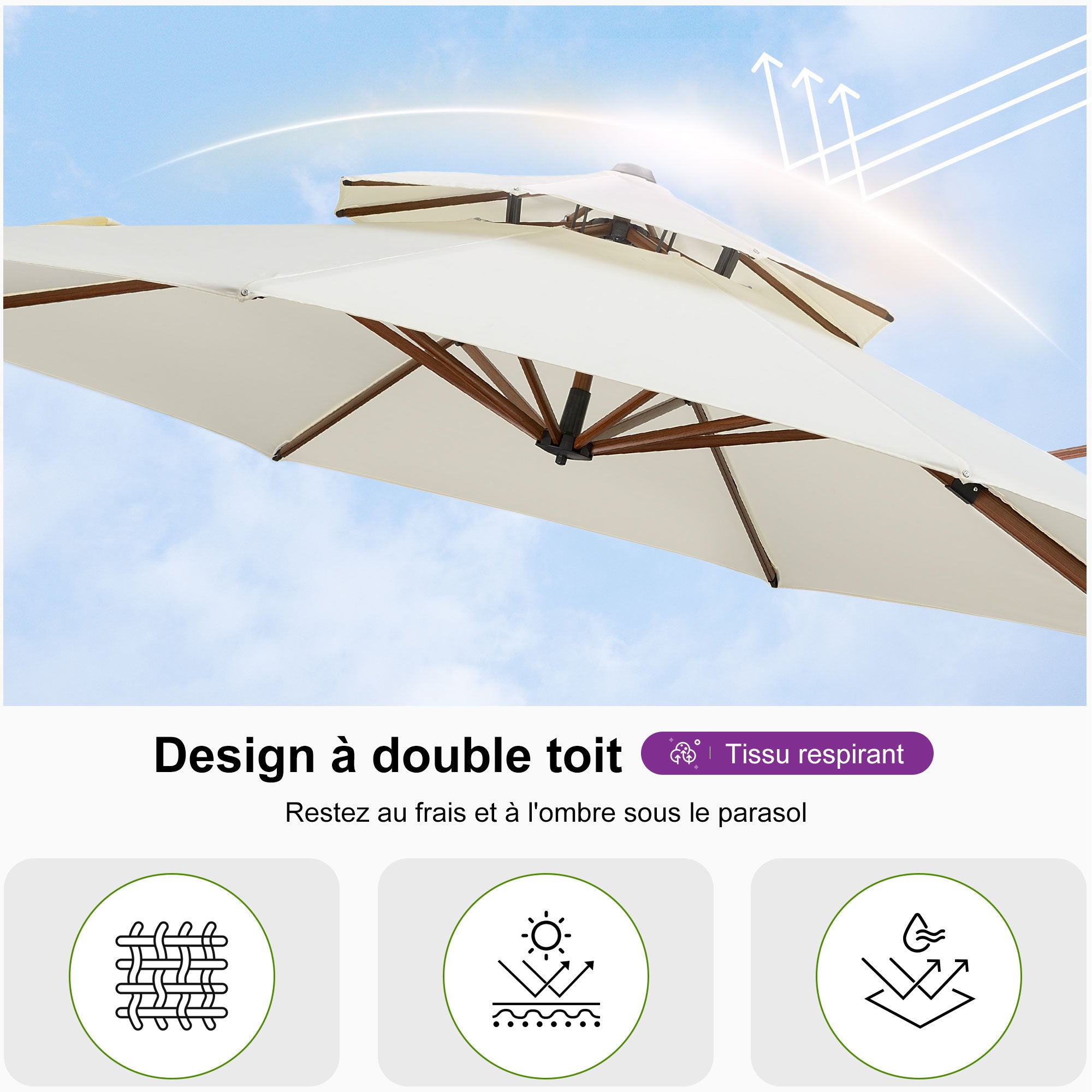 PURPLE LEAF Parasol Déporté Rond Grain de Bois en Aluminium Parasol De Jardin Extérieur Toit à Double Rotatif 360°