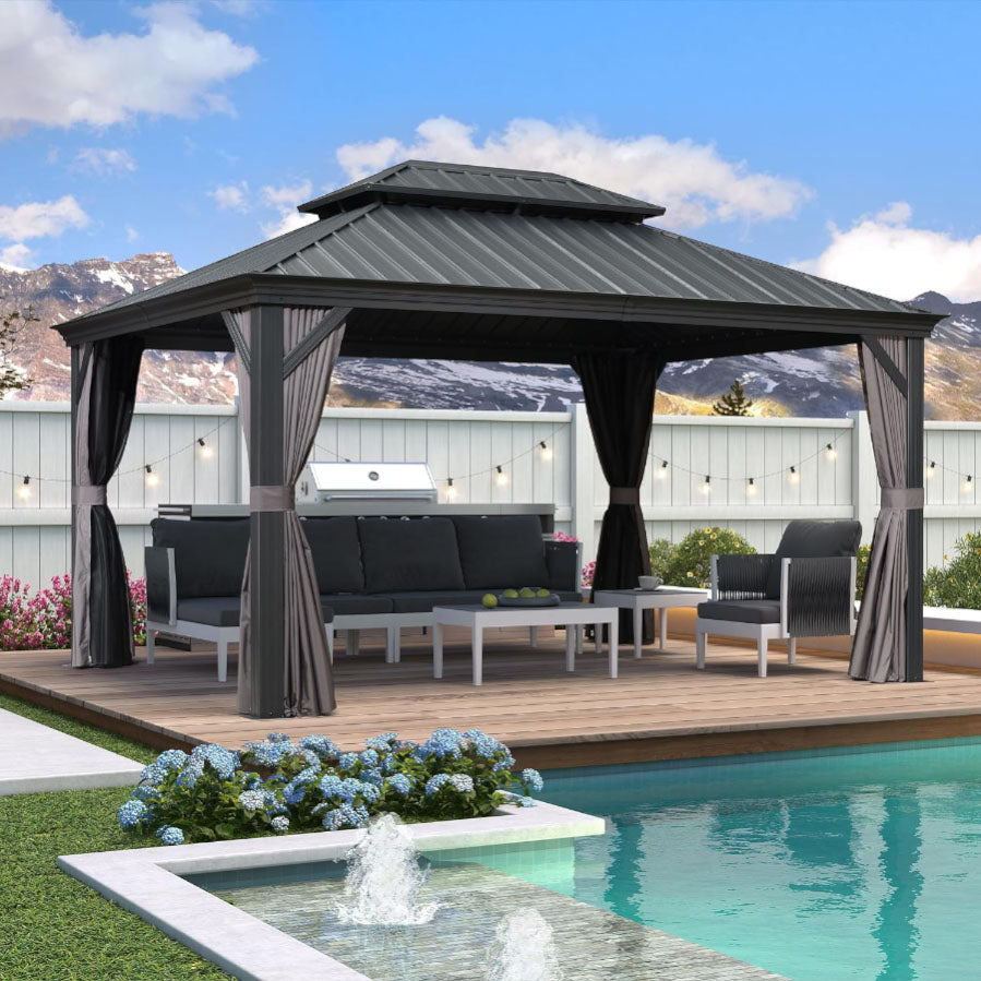 PURPLE LEAF Tonnelle De Jardin Exterieur Tonnelle Pergola Aluminum Avec Moustiquaire Et Rideaux Pavillon De Jardin à Double Toit Acier Galvanisé, Gris