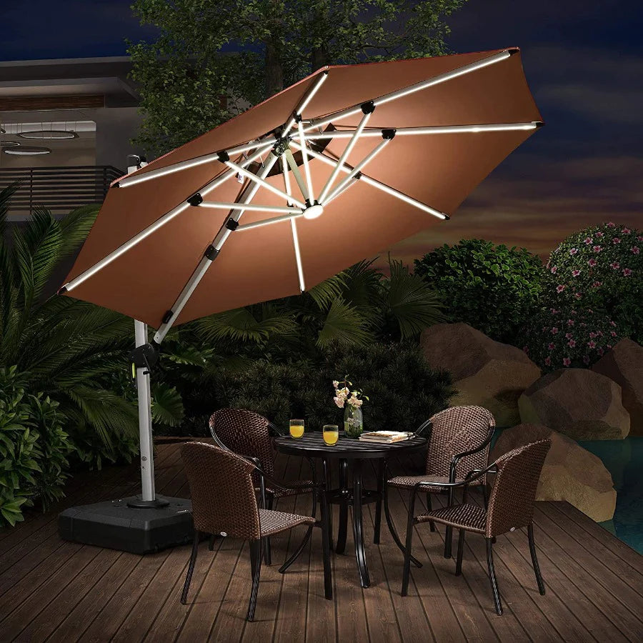 PURPLE LEAF Parasol De Jardin Extérieur Rond avec LED, Parasol Déporté avec Manivelle, Parasol Excentré Inclinable