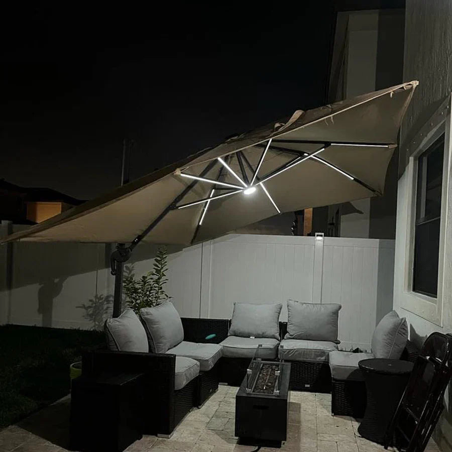 PURPLE LEAF Parasol Déporté avec LED Solaire 3 x 3 m Carré Inclinable avec socle