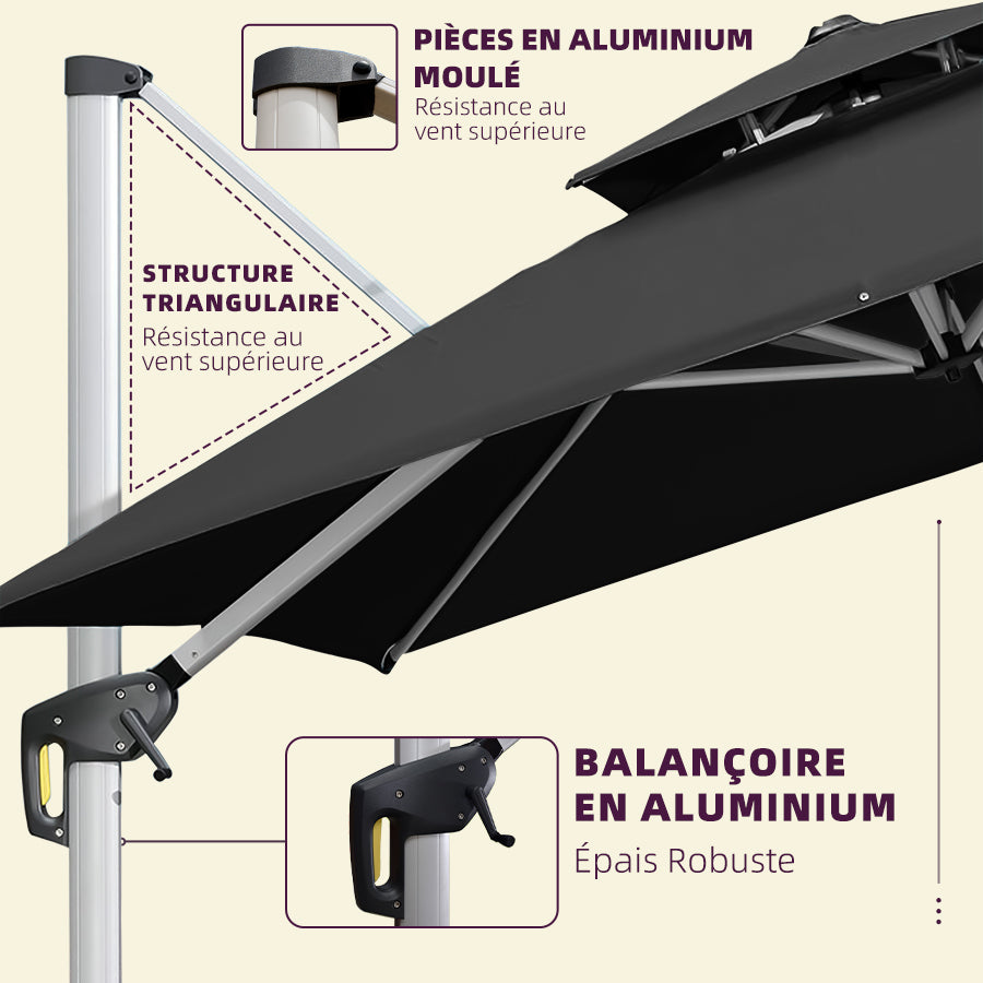 PURPLE LEAF Parasol Déporté Inclinable, Parasol De Jardin Exterieur Toit à Double Rotatif 360°,Parasol Terrasse Exterieur Luxueux