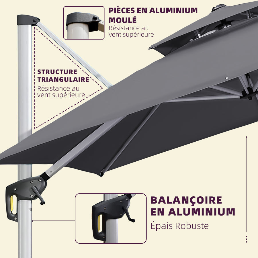 PURPLE LEAF Parasol Déporté Inclinable, Parasol De Jardin Exterieur Toit à Double Rotatif 360°,Parasol Terrasse Exterieur Luxueux