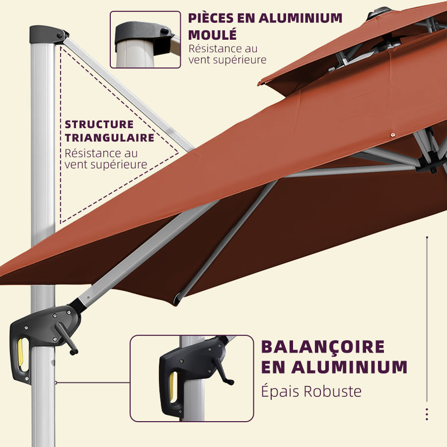 PURPLE LEAF Parasol Déporté Inclinable, Parasol De Jardin Exterieur Toit à Double Rotatif 360°,Parasol Terrasse Exterieur Luxueux