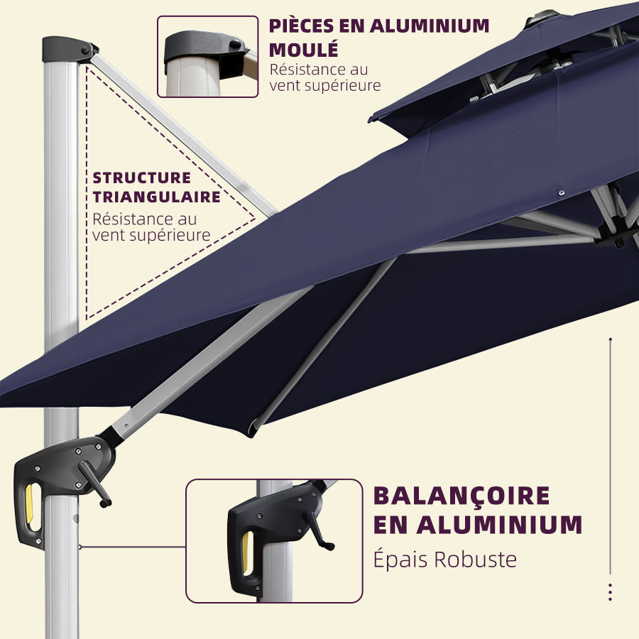 PURPLE LEAF Parasol Déporté Inclinable, Parasol De Jardin Exterieur Toit à Double Rotatif 360°,Parasol Terrasse Exterieur Luxueux