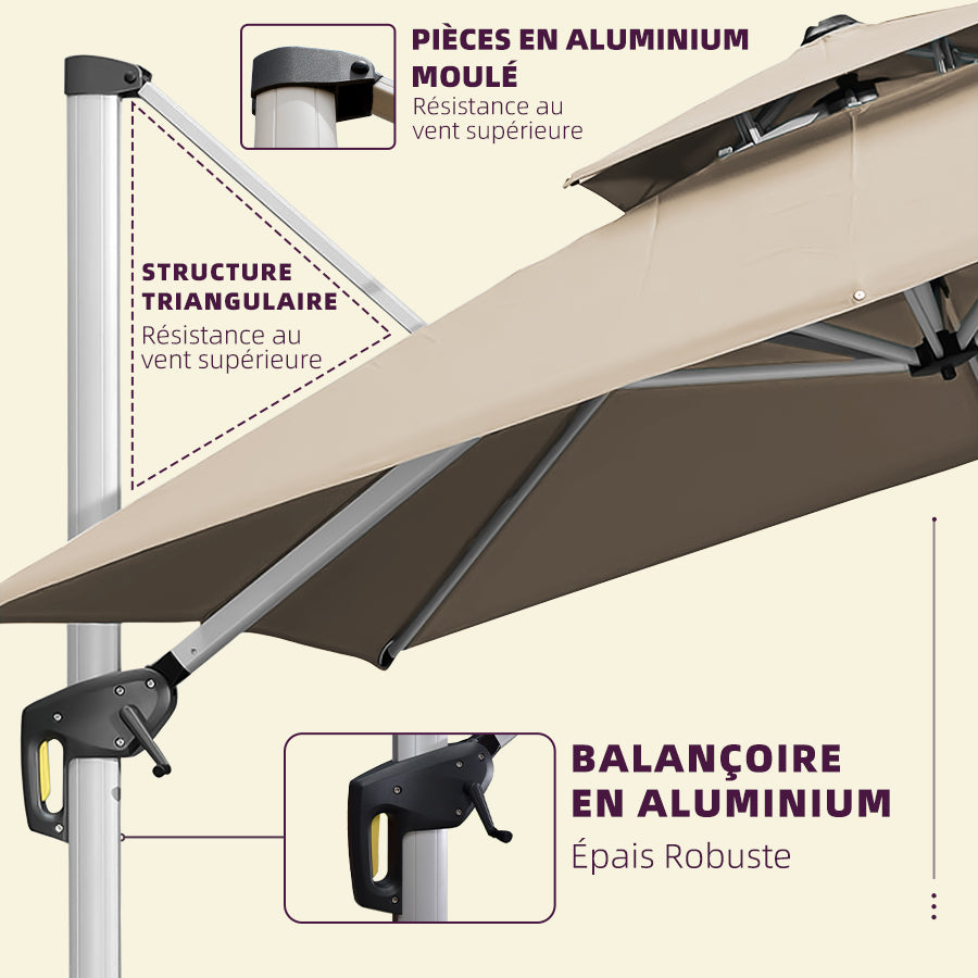 PURPLE LEAF Parasol Déporté Inclinable, Parasol De Jardin Exterieur Toit à Double Rotatif 360°,Parasol Terrasse Exterieur Luxueux