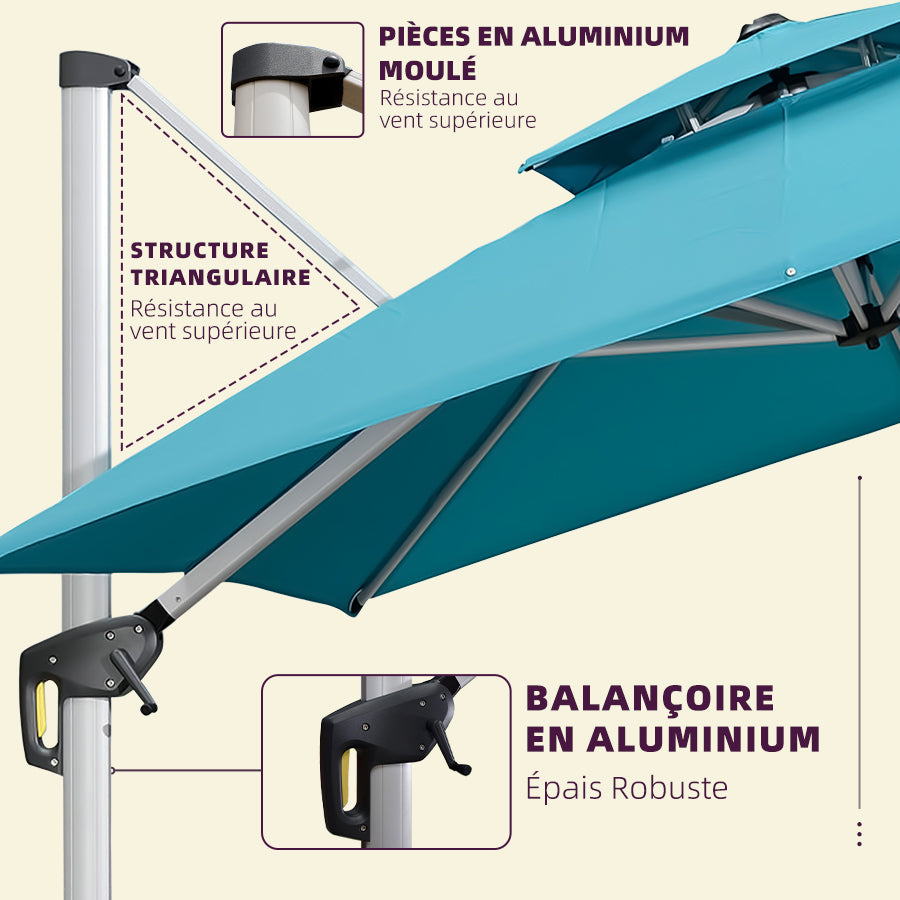 PURPLE LEAF Parasol Déporté Inclinable, Parasol De Jardin Exterieur Toit à Double Rotatif 360°,Parasol Terrasse Exterieur Luxueux