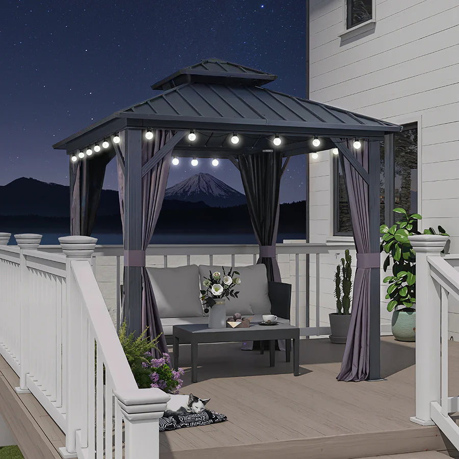 PURPLE LEAF Tonnelle Rigide Gris Modèle Léger Toit Double Robuste Acier Galvanisé Pergola Aluminium Avec Guirlandes Lumineuses Lait