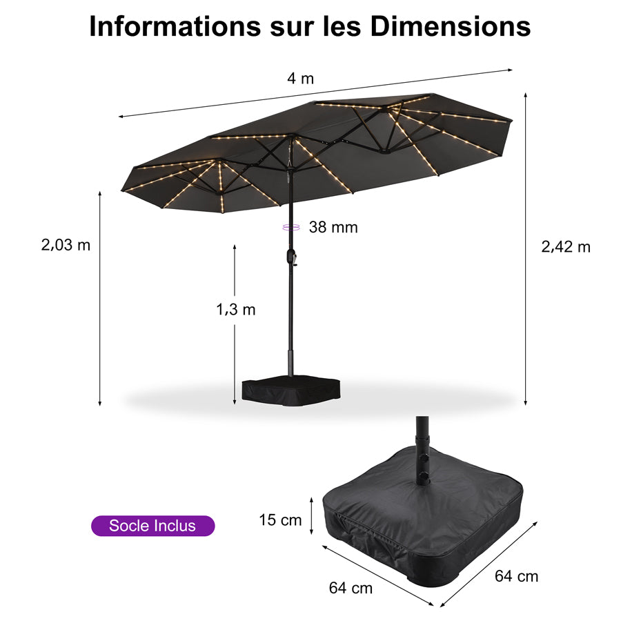 PURPLE LEAF Parasol de Jardin Double Aluminium avec lumières LED, Avec Socle, pour Terrasse, Jardin, Balcon et Piscine