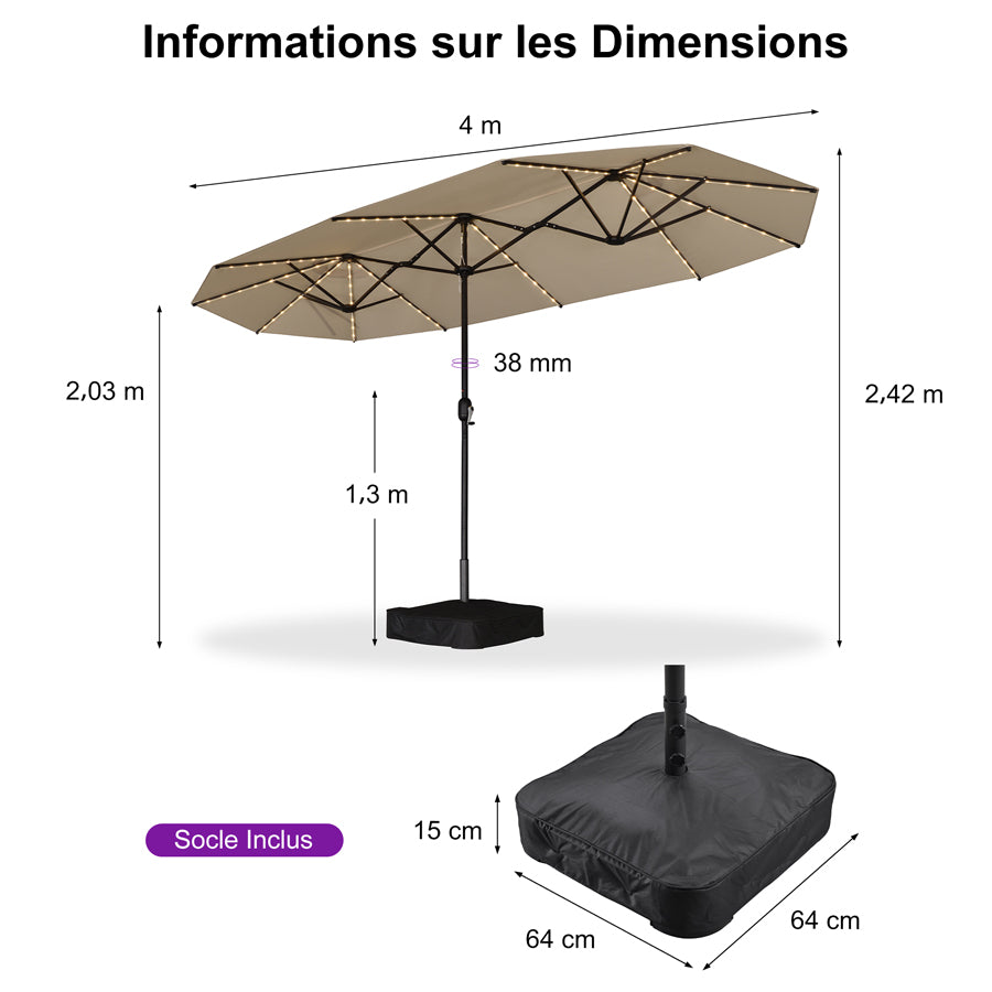 PURPLE LEAF Parasol de Jardin Double Aluminium avec lumières LED, Avec Socle, pour Terrasse, Jardin, Balcon et Piscine