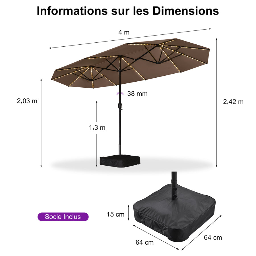 PURPLE LEAF Parasol de Jardin Double Aluminium avec lumières LED, Avec Socle, pour Terrasse, Jardin, Balcon et Piscine