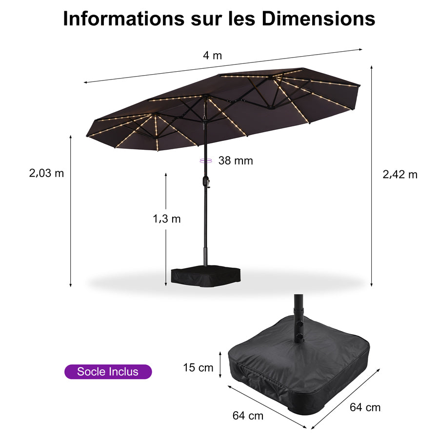 PURPLE LEAF Parasol de Jardin Double Aluminium avec lumières LED, Avec Socle, pour Terrasse, Jardin, Balcon et Piscine