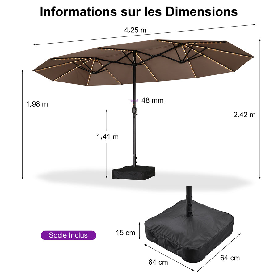 PURPLE LEAF Parasol de Jardin Double Aluminium avec lumières LED, Avec Socle, pour Terrasse, Jardin, Balcon et Piscine