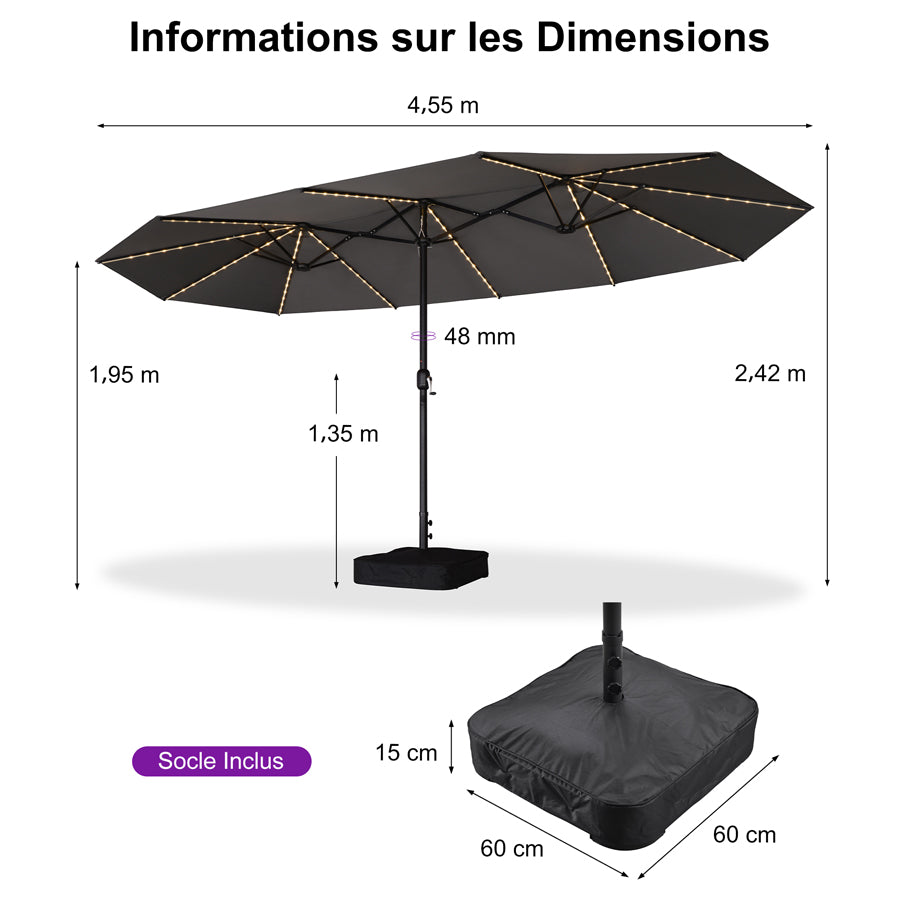 PURPLE LEAF Parasol de Jardin Double Aluminium avec lumières LED, Avec Socle, pour Terrasse, Jardin, Balcon et Piscine