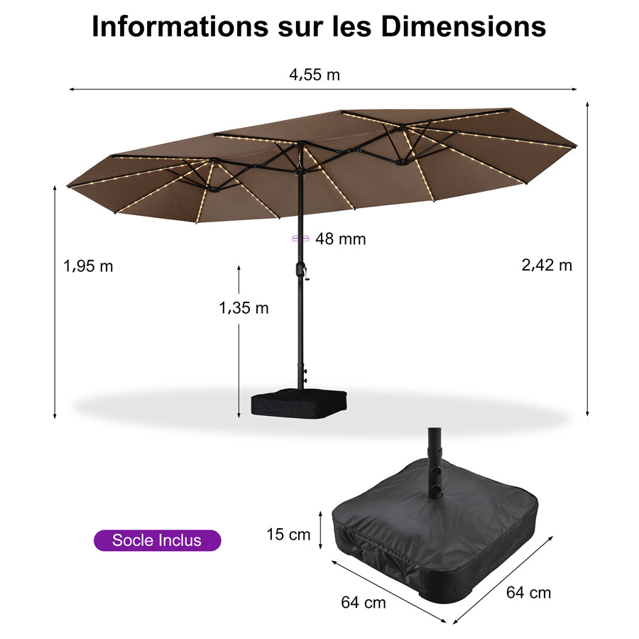 PURPLE LEAF Parasol de Jardin Double Aluminium avec lumières LED, Avec Socle, pour Terrasse, Jardin, Balcon et Piscine