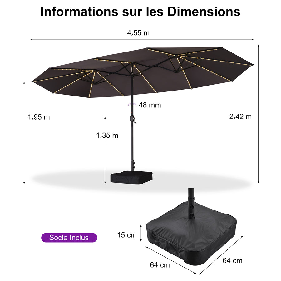 PURPLE LEAF Parasol de Jardin Double Aluminium avec lumières LED, Avec Socle, pour Terrasse, Jardin, Balcon et Piscine