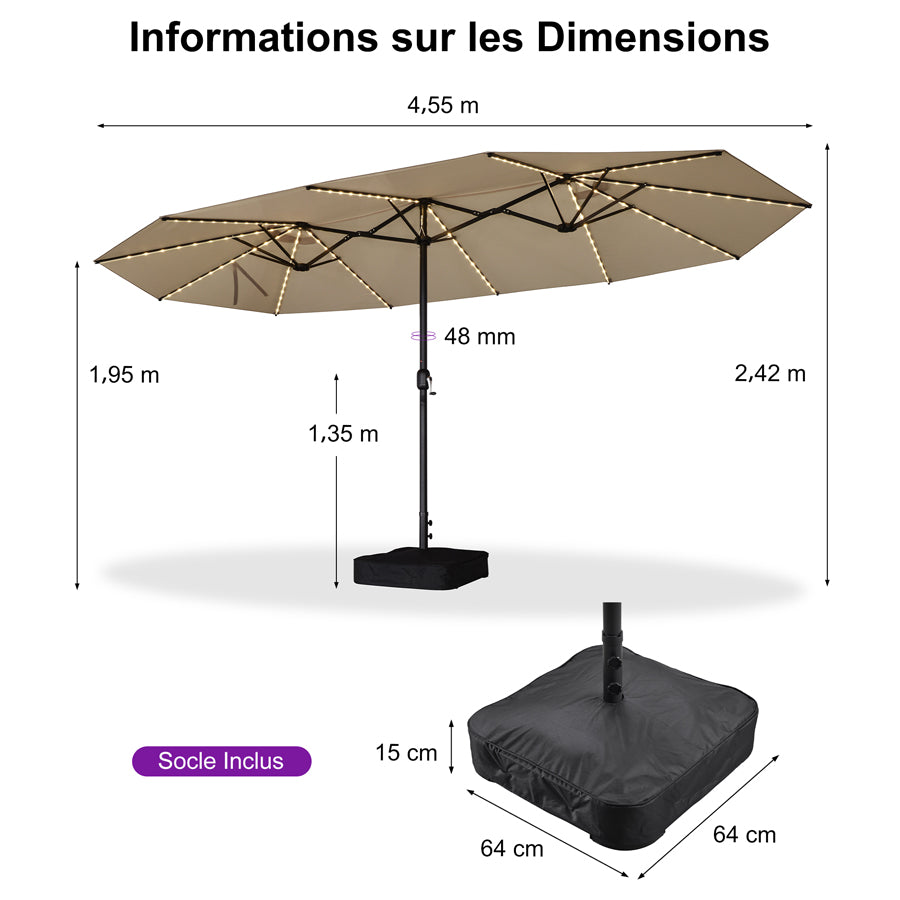 PURPLE LEAF Parasol de Jardin Double Aluminium avec lumières LED, Avec Socle, pour Terrasse, Jardin, Balcon et Piscine