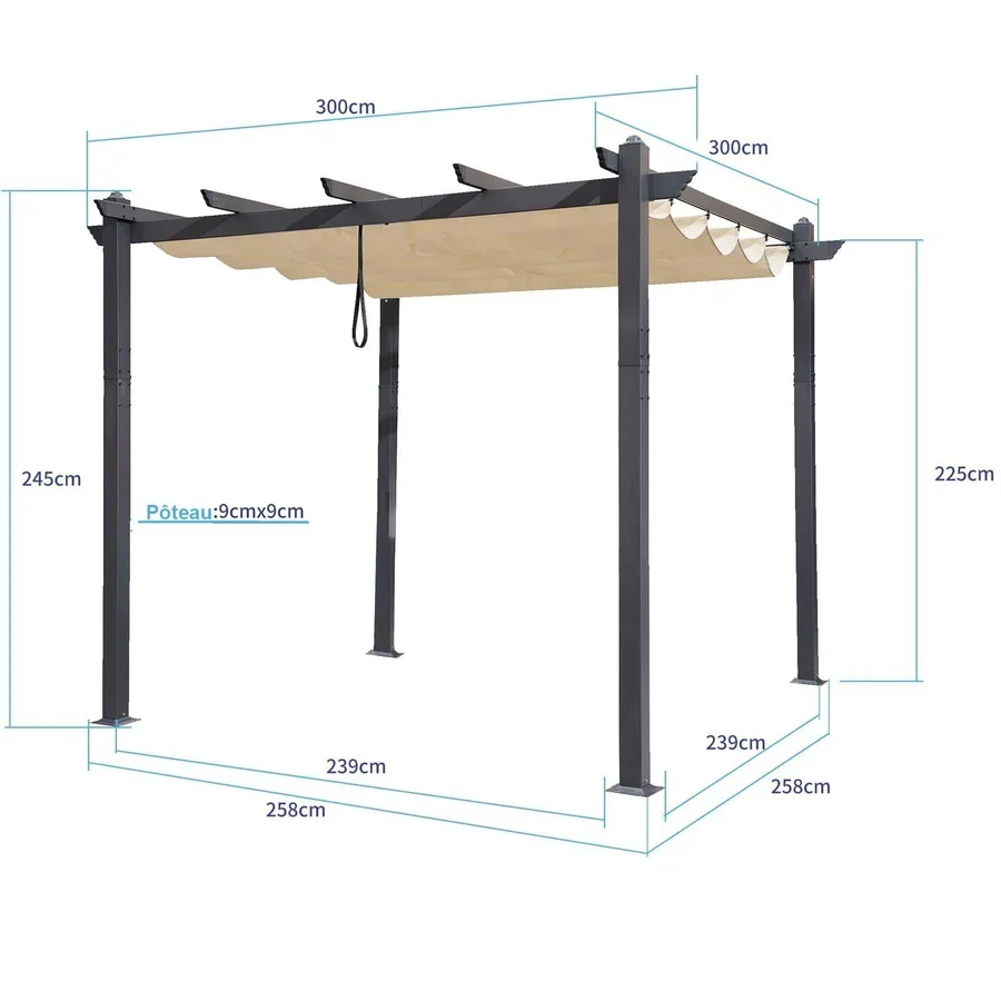 PURPLE LEAF Pergola Aluminium Tissu Teint en Fil Pergola pour Terrasse Exterieur, Toit Coulissante, Pavillon De Jardin Guirlande Lumineuse Blanc Lait