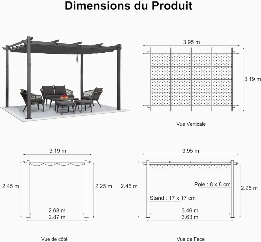 PURPLE LEAF Pergola Aluminium Tissu Teint en Fil Pergola pour Terrasse Exterieur, Toit Coulissante, Pavillon De Jardin Guirlande Lumineuse Blanc Lait