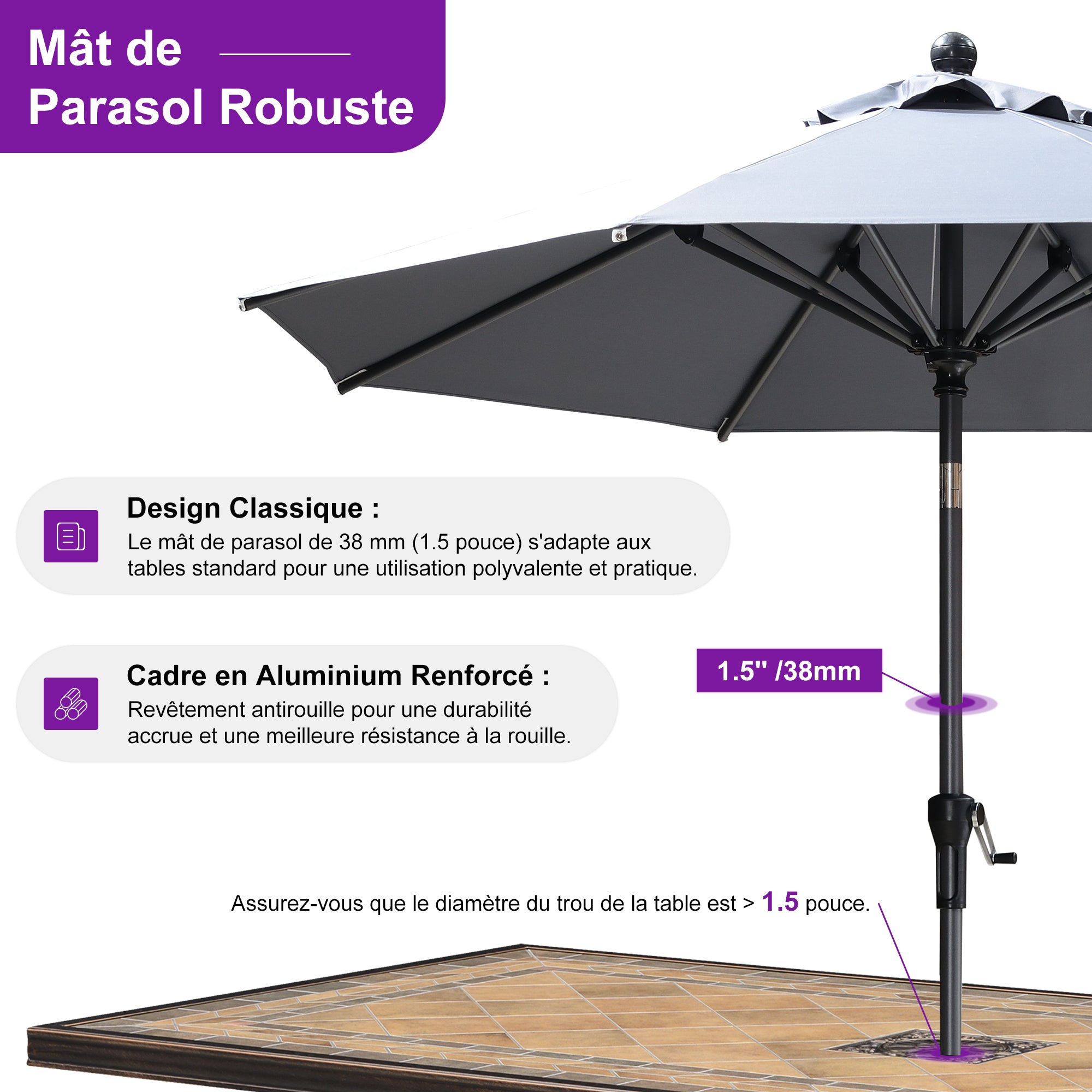 PURPLE LEAF Parasol inclinable en aluminium à mât droit, Carré, Rectangulaire et Rond