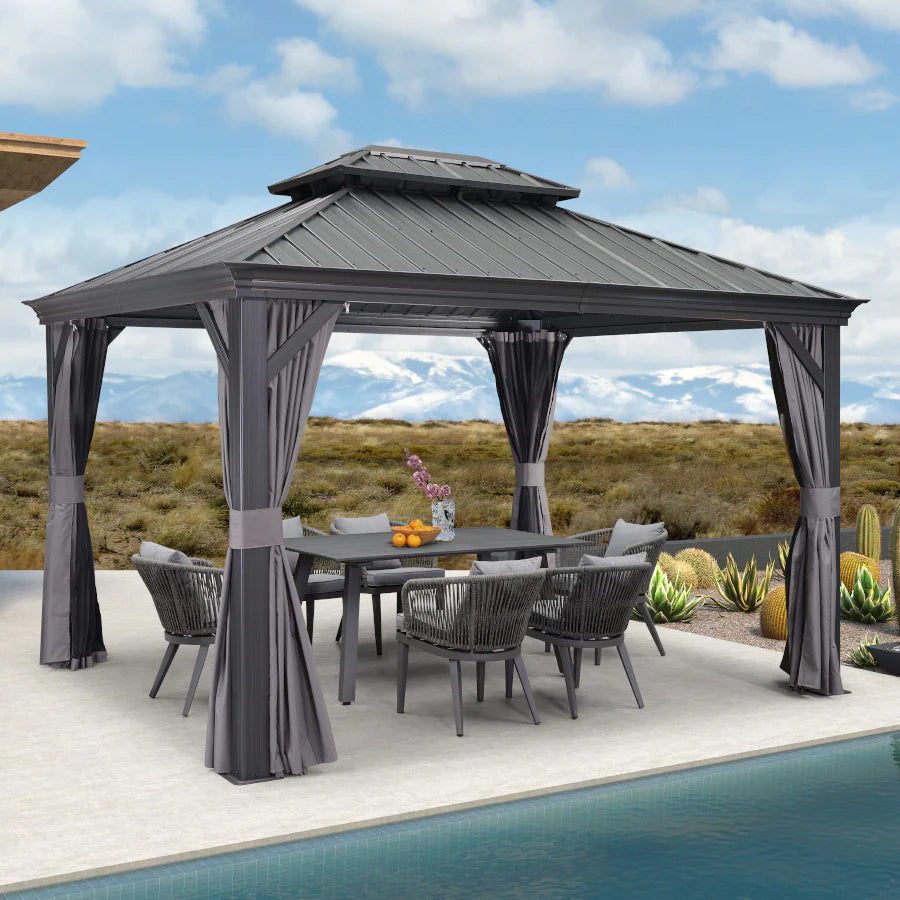 PURPLE LEAF Tonnelle De Jardin Exterieur Tonnelle Pergola Aluminum Avec Moustiquaire Et Rideaux Pavillon De Jardin à Double Toit Acier Galvanisé, Gris