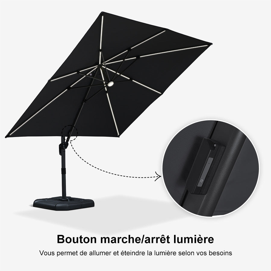 PURPLE LEAF Parasol Déporté avec LED Solaire 3 x 3 m Carré Inclinable avec socle