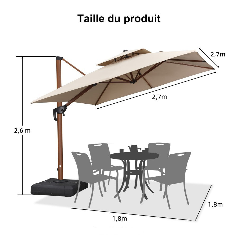 PURPLE LEAF Parasol Déporté Carré Grain de Bois en Aluminium avec socle