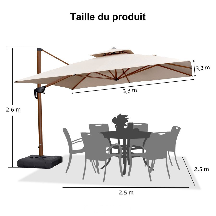 PURPLE LEAF Parasol Déporté Carré Grain de Bois en Aluminium avec socle