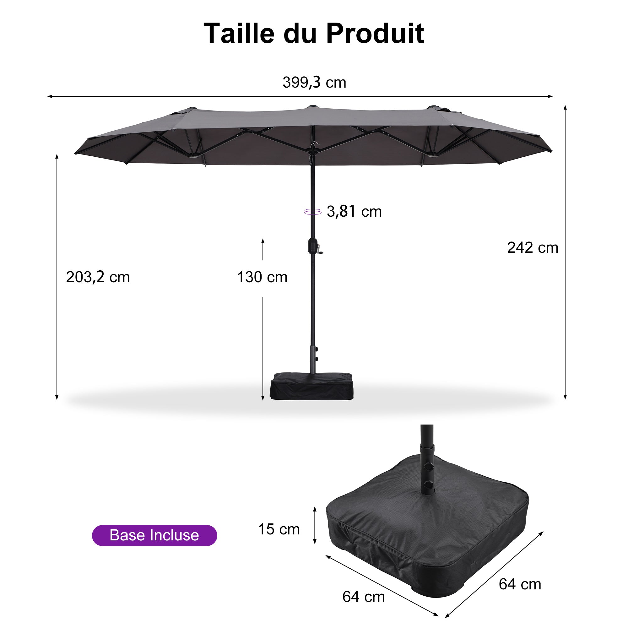 PURPLE LEAF Parasol de Jardin Extérieur, Grand Parasol Double avec Base, pour Terrasse, Jardin, Balcon et Piscine