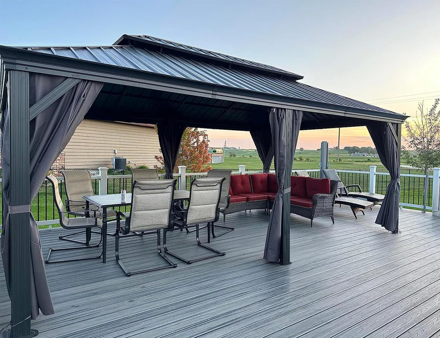 PURPLE LEAF Tonnelle De Jardin Exterieur Tonnelle Pergola Aluminum Avec Moustiquaire Et Rideaux Pavillon De Jardin à Double Toit Acier Galvanisé, Gris