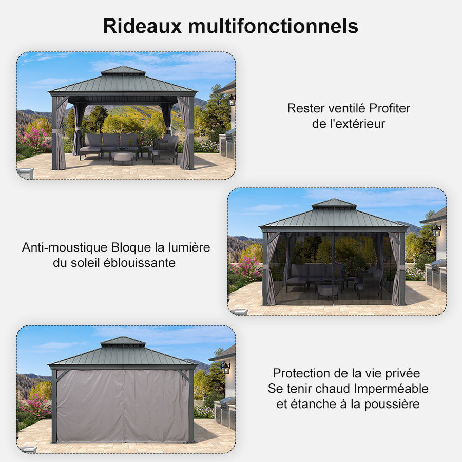 PURPLE LEAF Tonnelle De Jardin Exterieur Tonnelle Pergola Aluminum Avec Moustiquaire Et Rideaux Pavillon De Jardin à Double Toit Acier Galvanisé, Gris