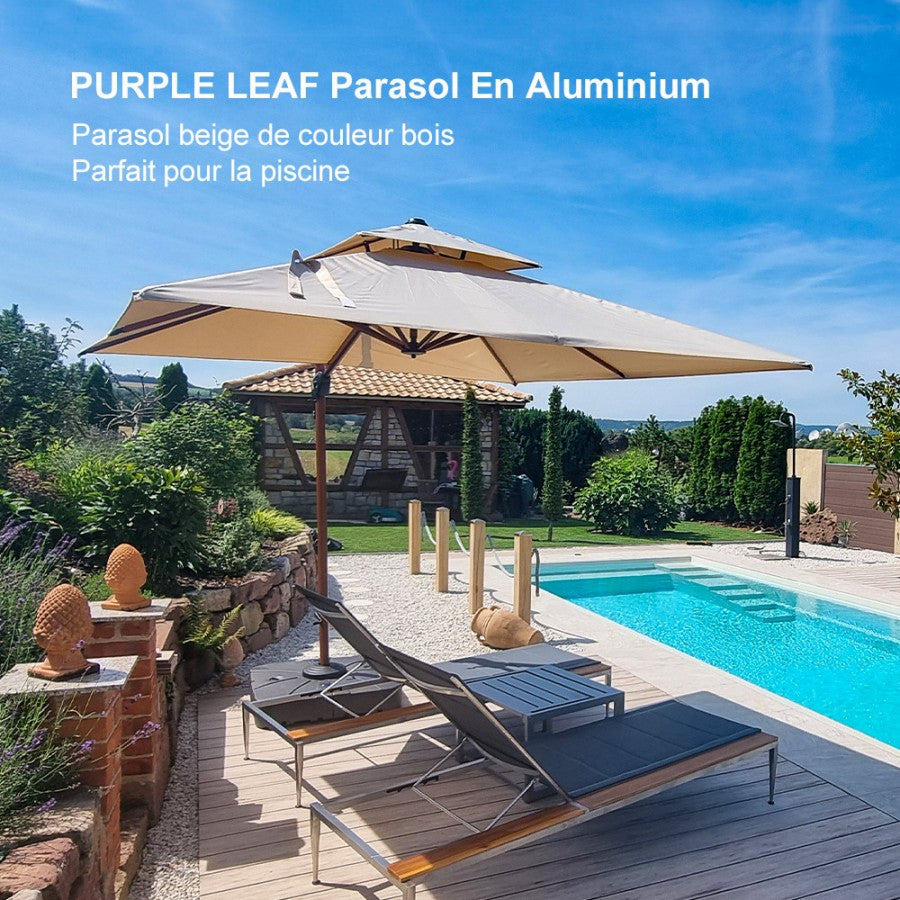 PURPLE LEAF Parasol Déporté Inclinable Grain de Bois en Aluminium Parasol De Jardin Extérieur Toit à Double Rotatif 360°