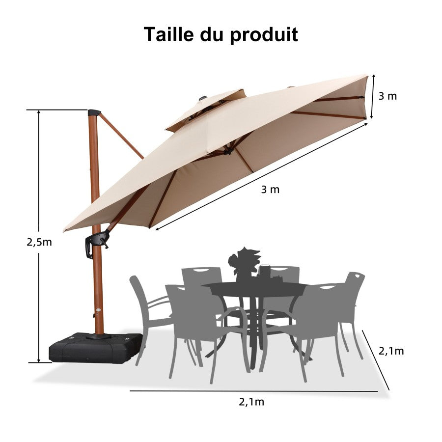 PURPLE LEAF Parasol Déporté Carré Grain de Bois en Aluminium avec socle