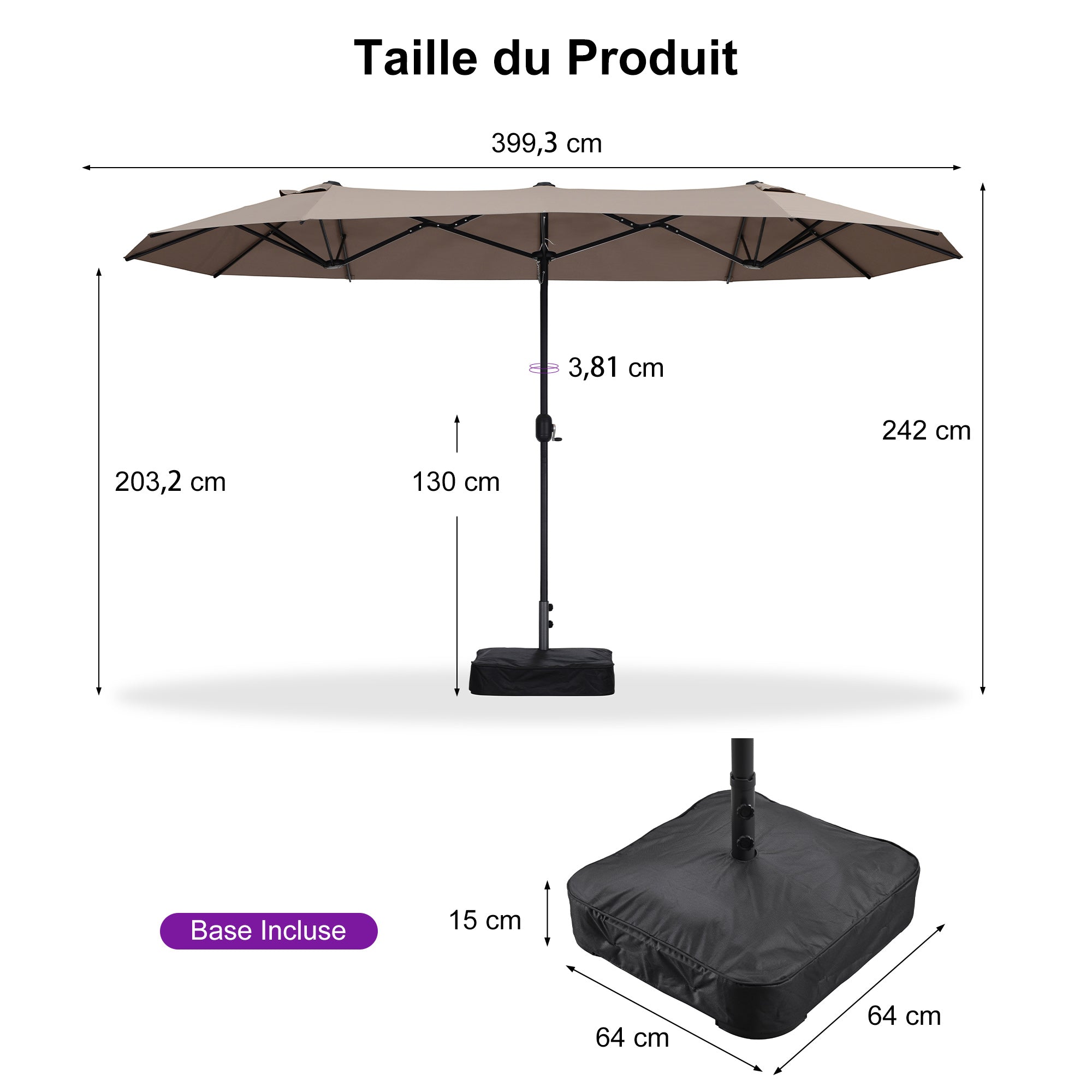 PURPLE LEAF Parasol de Jardin Extérieur, Grand Parasol Double avec Base, pour Terrasse, Jardin, Balcon et Piscine