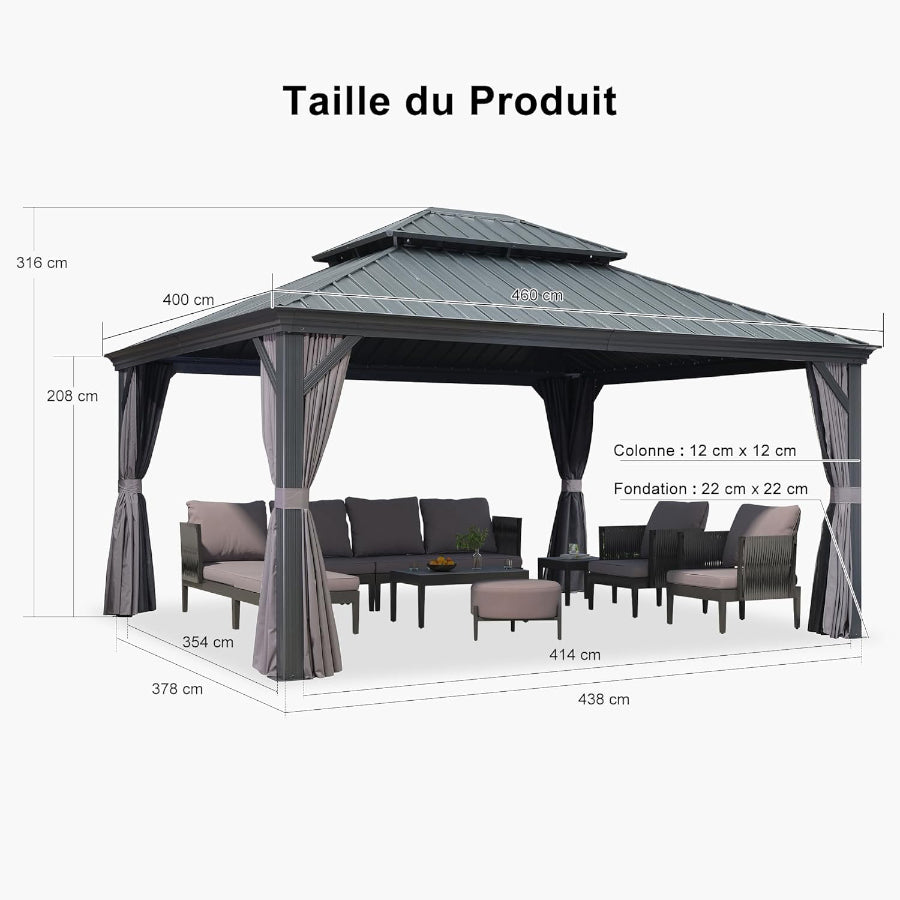 PURPLE LEAF Tonnelle De Jardin Exterieur Tonnelle Pergola Aluminum Avec Moustiquaire Et Rideaux Pavillon De Jardin à Double Toit Acier Galvanisé, Gris