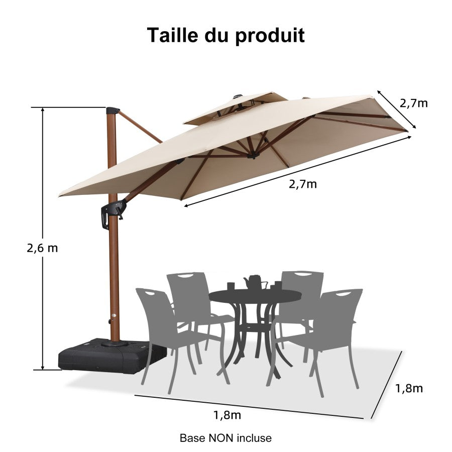 PURPLE LEAF Parasol Déporté Inclinable Grain de Bois en Aluminium Parasol De Jardin Extérieur Toit à Double Rotatif 360°