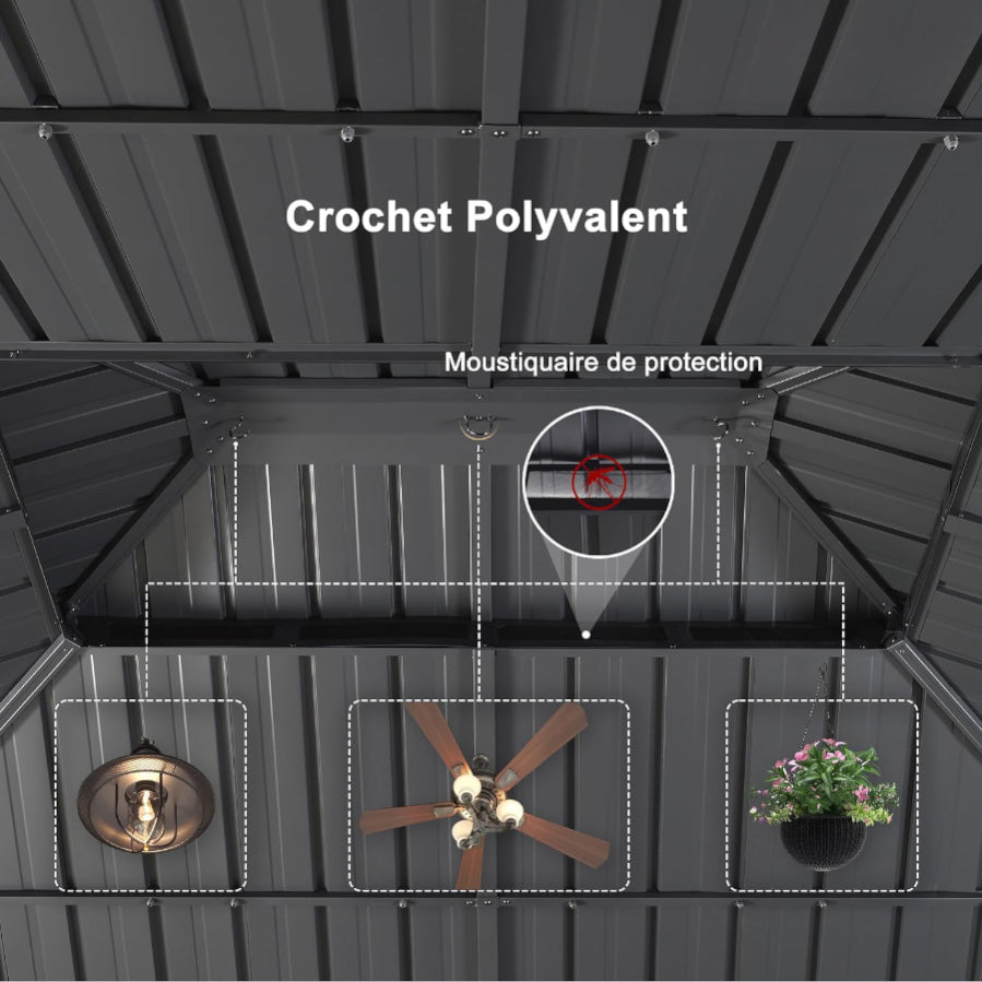 PURPLE LEAF Tonnelle De Jardin Exterieur Tonnelle Pergola Aluminum Avec Moustiquaire Et Rideaux Pavillon De Jardin à Double Toit Acier Galvanisé, Gris