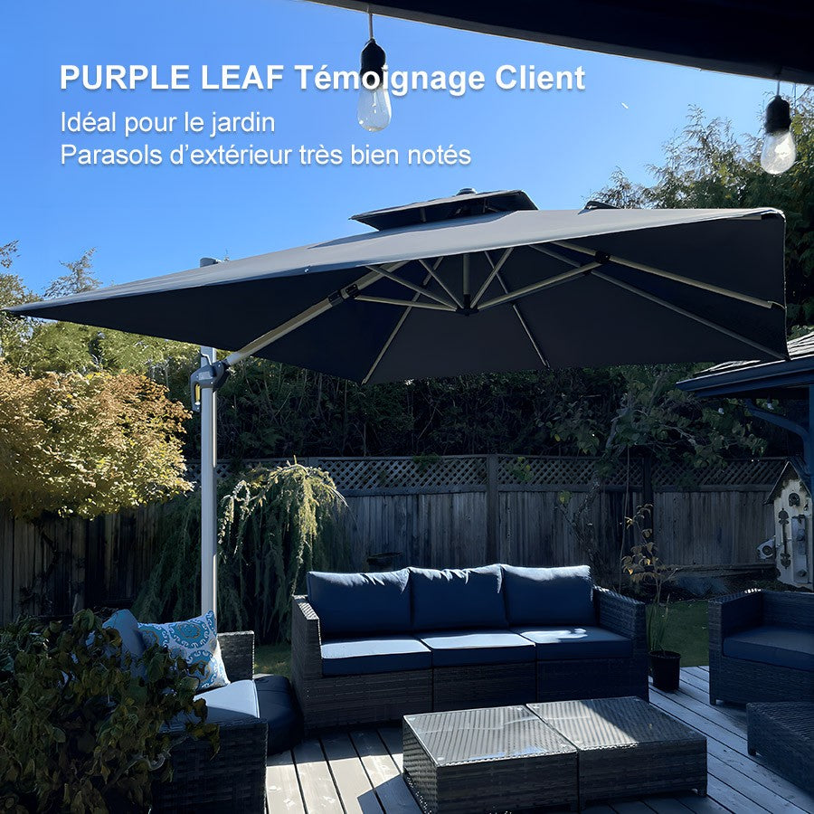 PURPLE LEAF Parasol Déporté Inclinable, Parasol De Jardin Exterieur Toit à Double Rotatif 360°,Parasol Terrasse Exterieur Luxueux