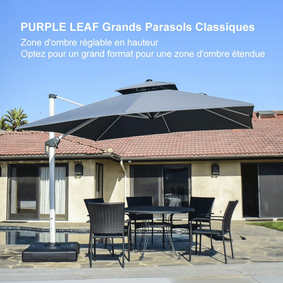 PURPLE LEAF Parasol Déporté Inclinable, Parasol De Jardin Exterieur Toit à Double Rotatif 360°,Parasol Terrasse Exterieur Luxueux