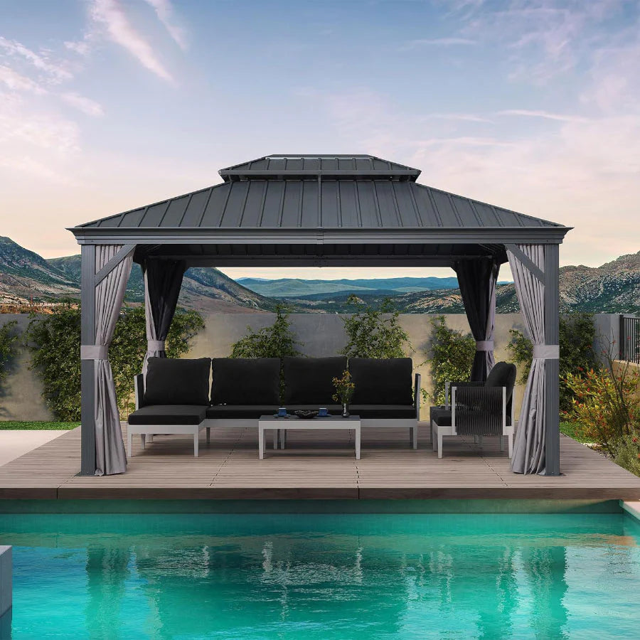 PURPLE LEAF Tonnelle De Jardin Exterieur Tonnelle Pergola Aluminum Avec Moustiquaire Et Rideaux Pavillon De Jardin à Double Toit Acier Galvanisé, Gris