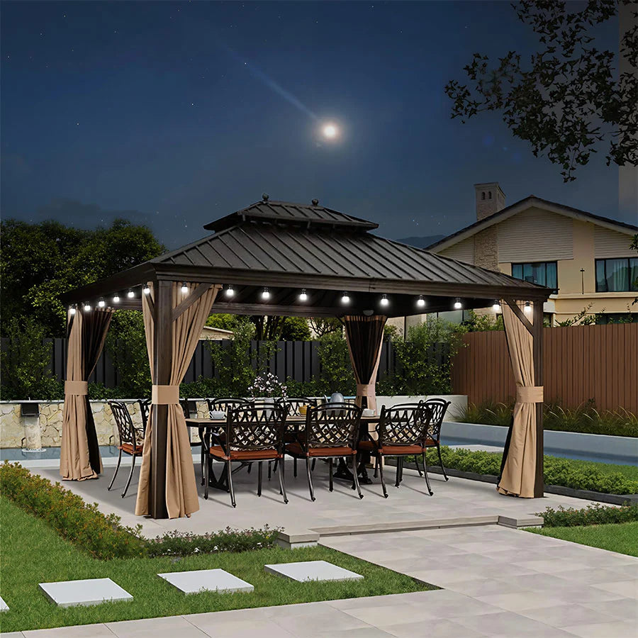 PURPLE LEAF Tonnelle de Jardin Avec Toit Rigide Double Toit de Bronze Pergola Aluminium, Avec Guirlande Lumineuse Blanc Lait
