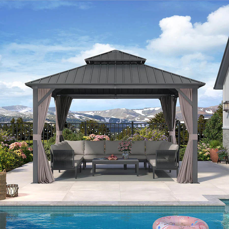 PURPLE LEAF Tonnelle De Jardin Exterieur Tonnelle Pergola Aluminum Avec Moustiquaire Et Rideaux Pavillon De Jardin à Double Toit Acier Galvanisé, Gris