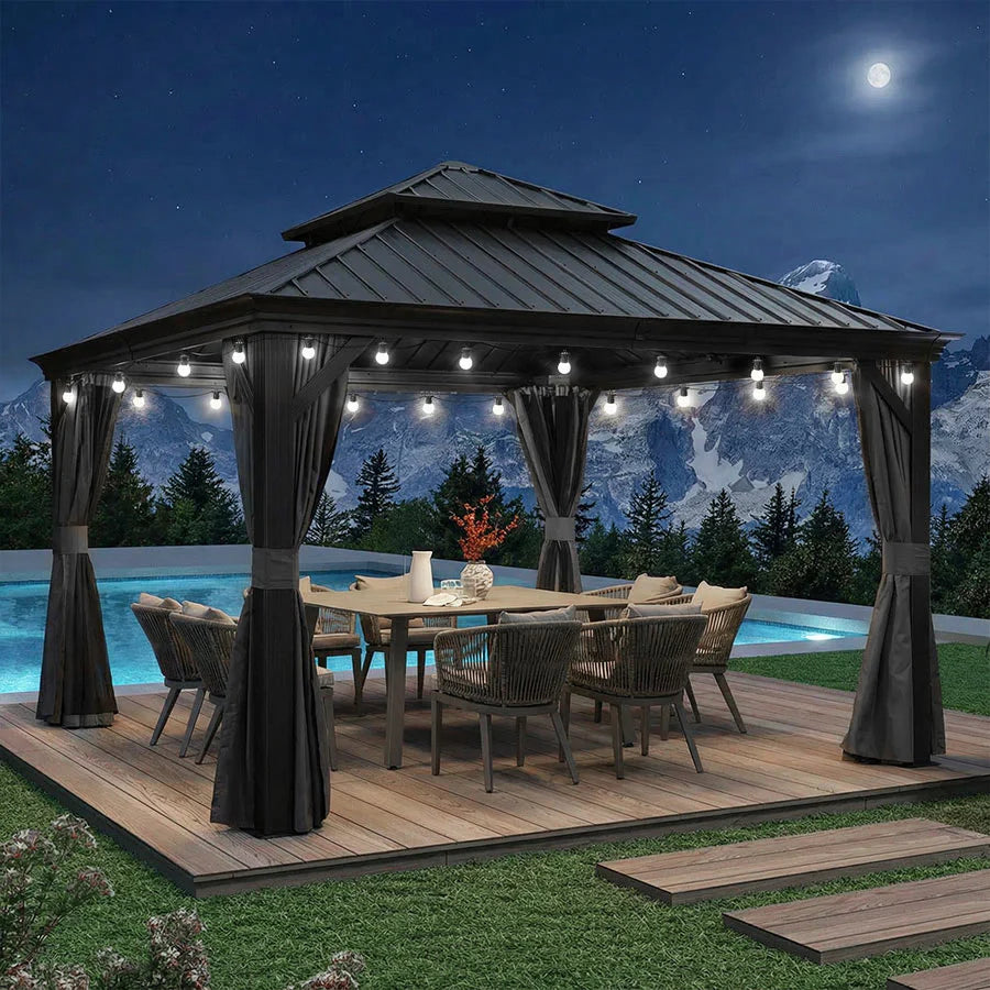 PURPLE LEAF Tonnelle de Jardin Gamme Luxe avec Éclairage LED Intégré - Abat-Jour Blanc Opalin Anti-Éblouissement, Pavillon Gris