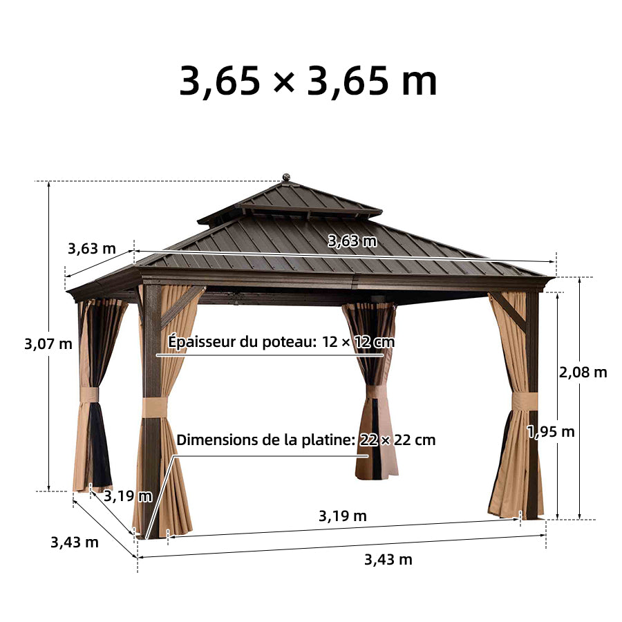 PURPLE LEAF Tonnelle de Jardin Toit Rigide - Pavillon de Terrasse avec Rideaux & Moustiquaire, Anti-Vent & Pluie, Structure Aluminium & Acier Galvanisé Bronze