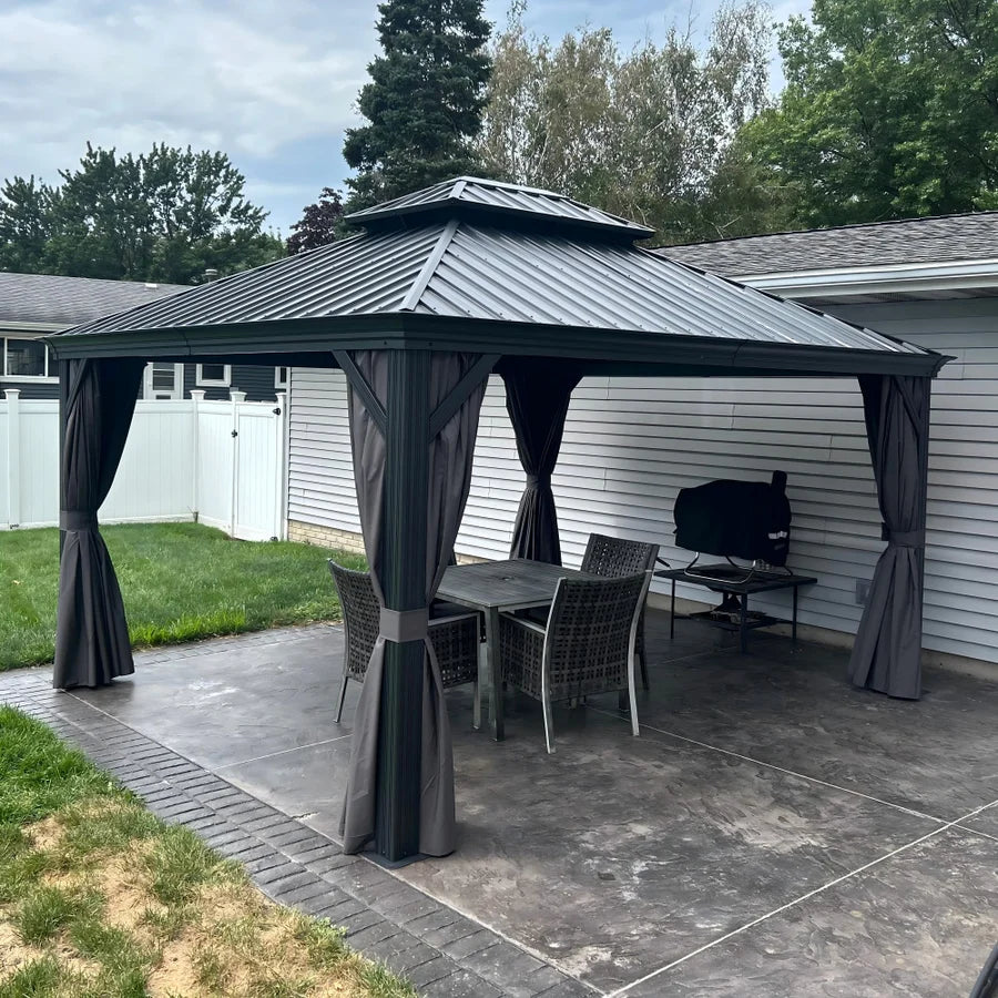 PURPLE LEAF Tonnelle de Jardin Gamme Luxe avec Éclairage LED Intégré - Abat-Jour Blanc Opalin Anti-Éblouissement, Pavillon Gris