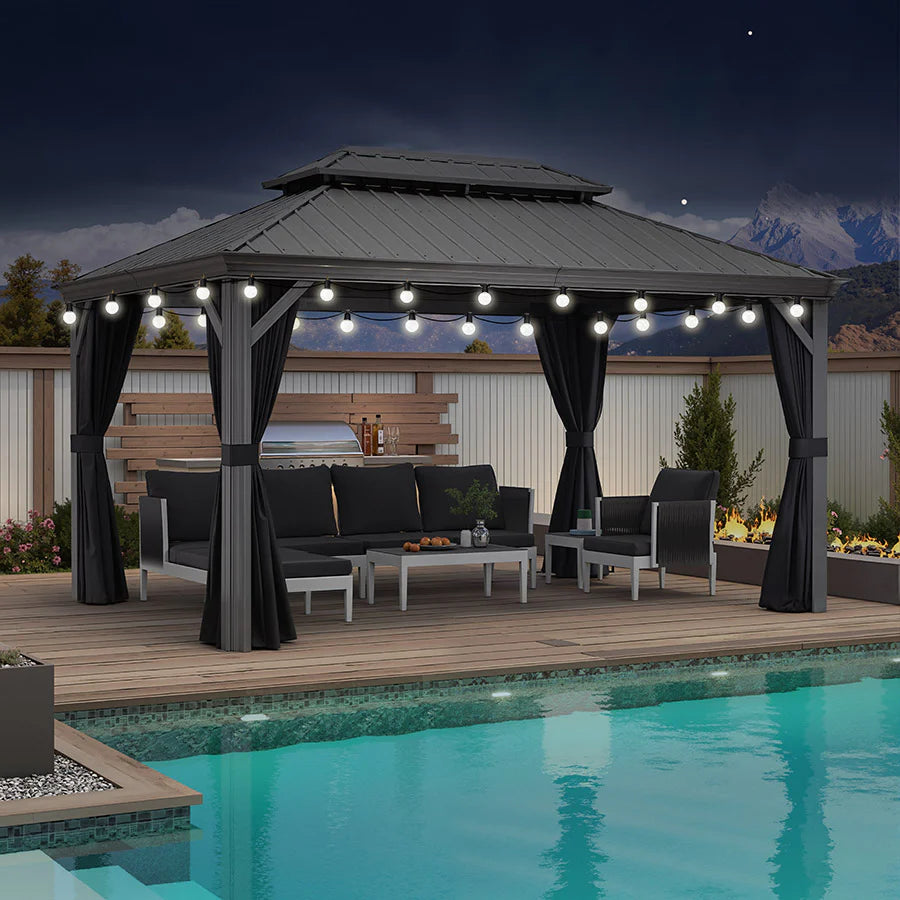 PURPLE LEAF Pavillon Rigide Extérieur en Gris Clair Pergola Aluminium Toit Double Avec Guirlande Lumineuse Lait